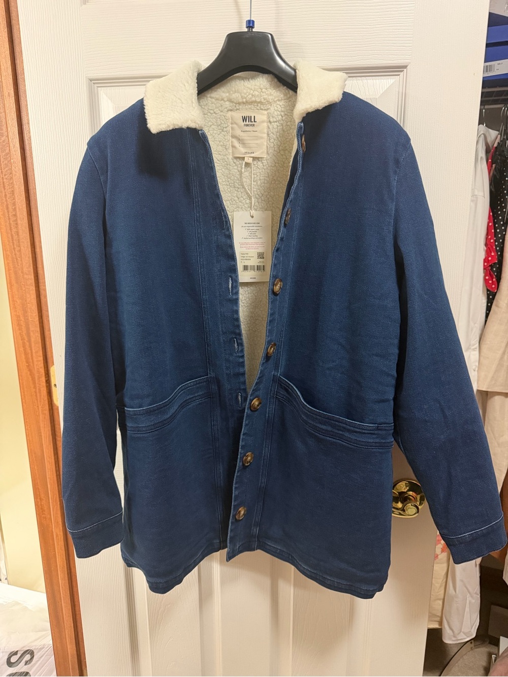 Sezane Navy Sherpa-Trim Button Jacket